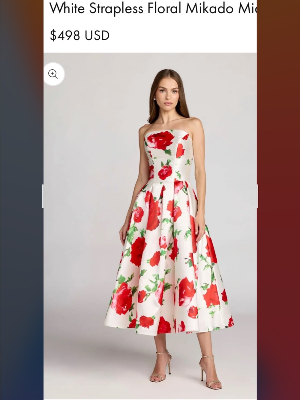 Mac Duggal White Strapless Midi Dress with Red Floral Print